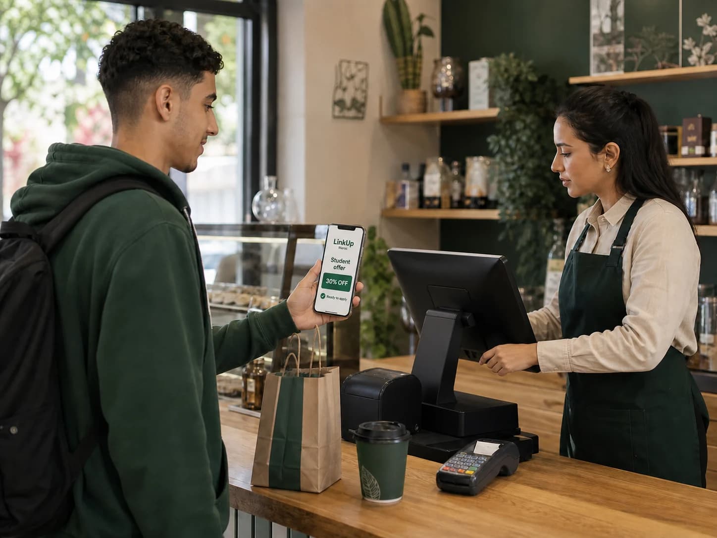 A student presents a LinkUp offer while a staff member applies the agreed benefit on a staff-facing checkout screen