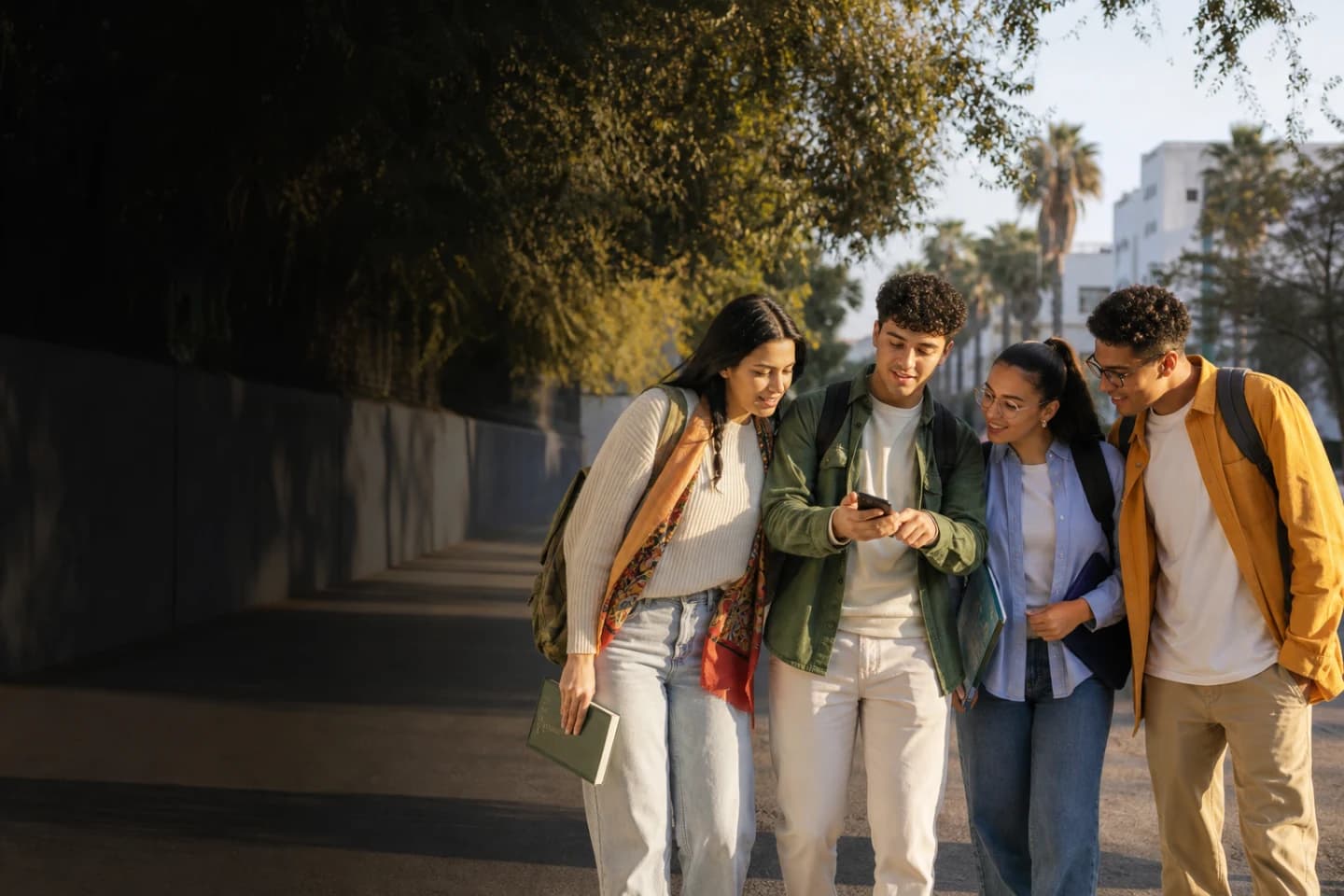University-age friends choosing where to go together after class
