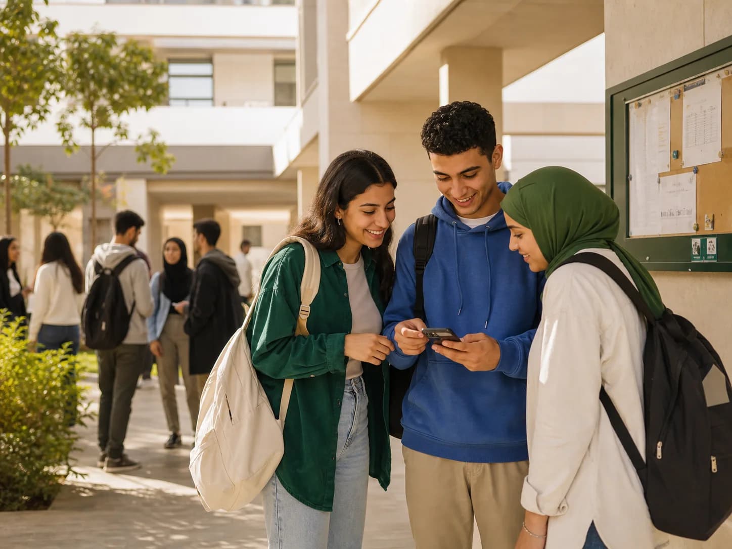Students reading a useful campus notice together