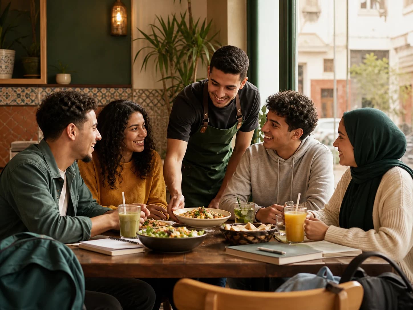 Students sharing a meal at a local restaurant