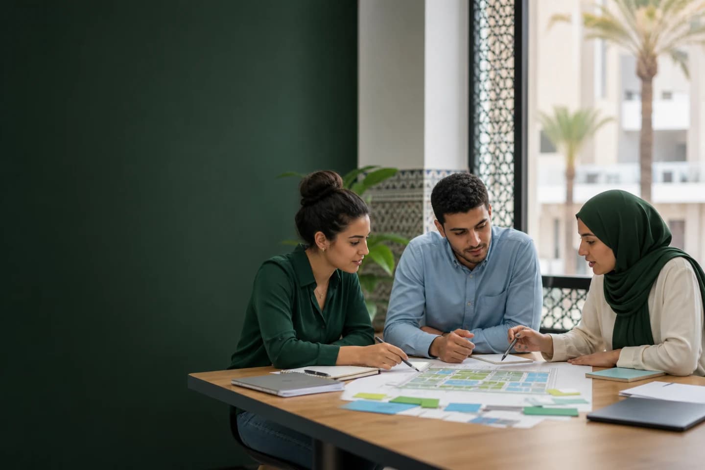 A university staff member and student representatives planning a focused campus partnership
