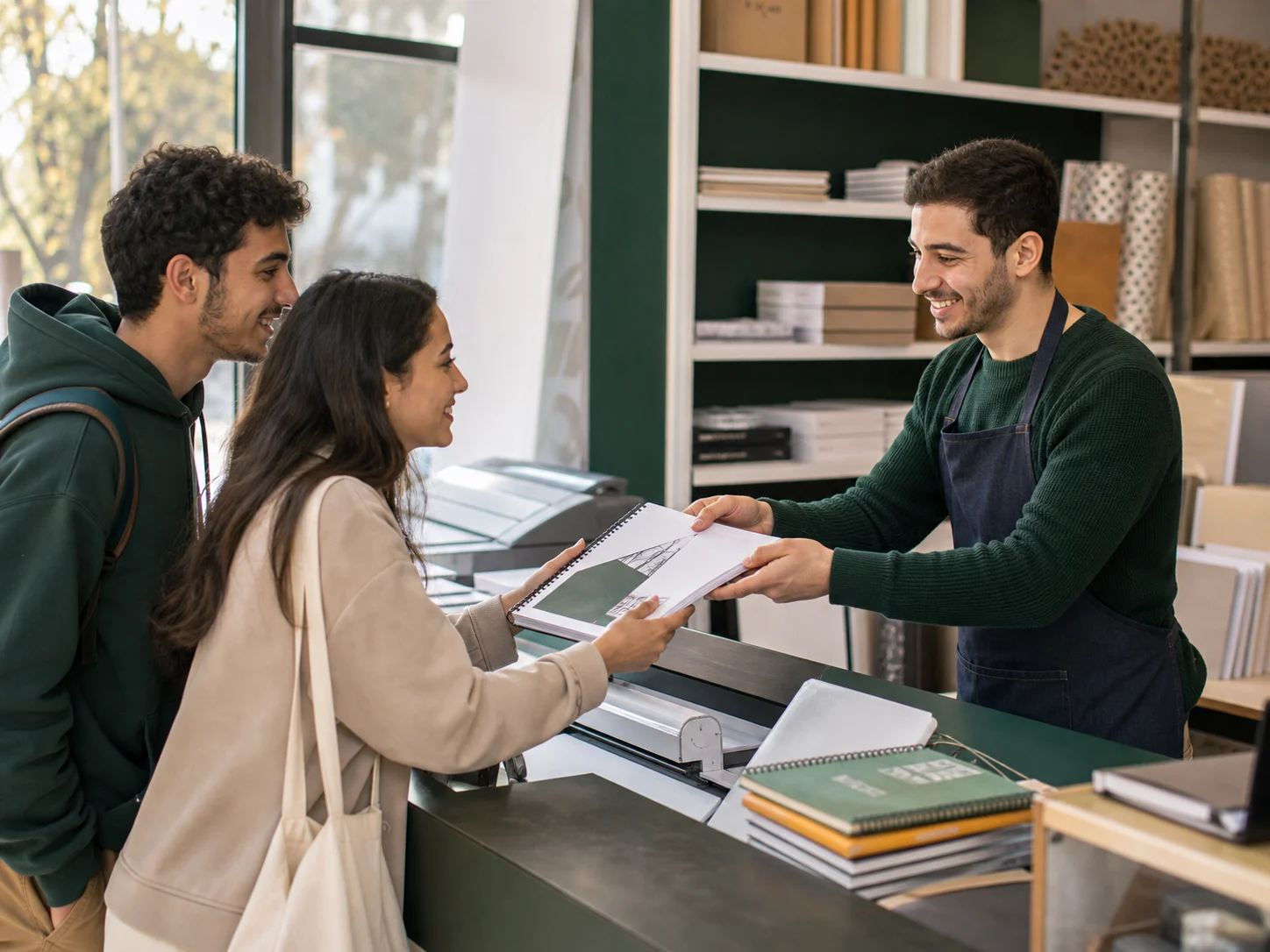 Students collecting a bound project from a local print service