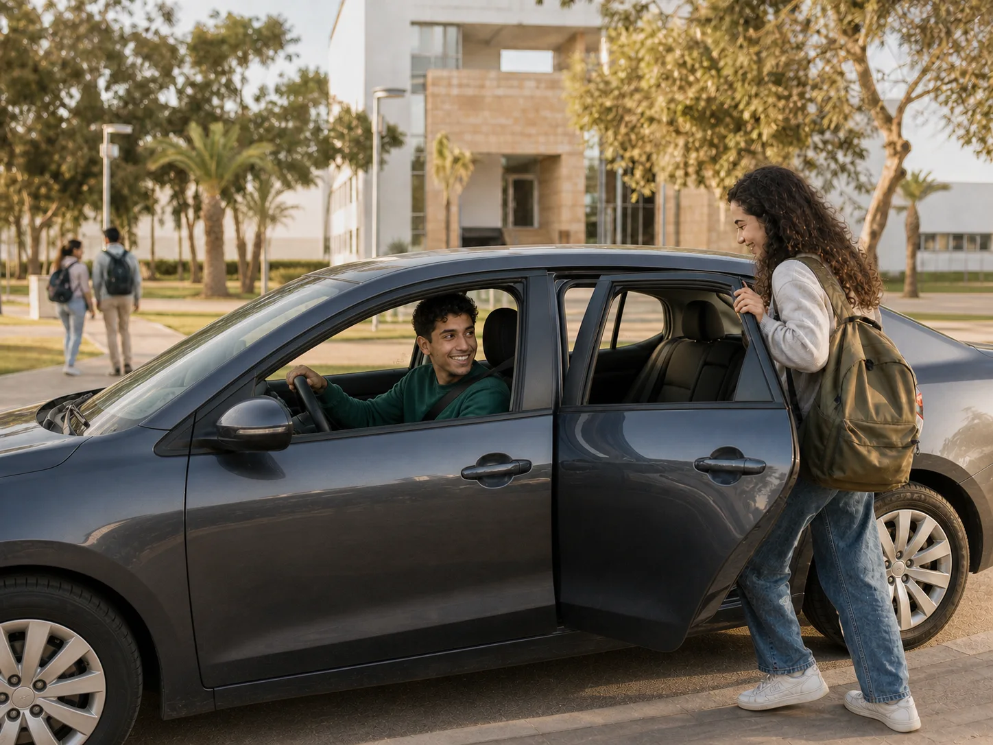 A student driver welcoming another student into a parked car near campus