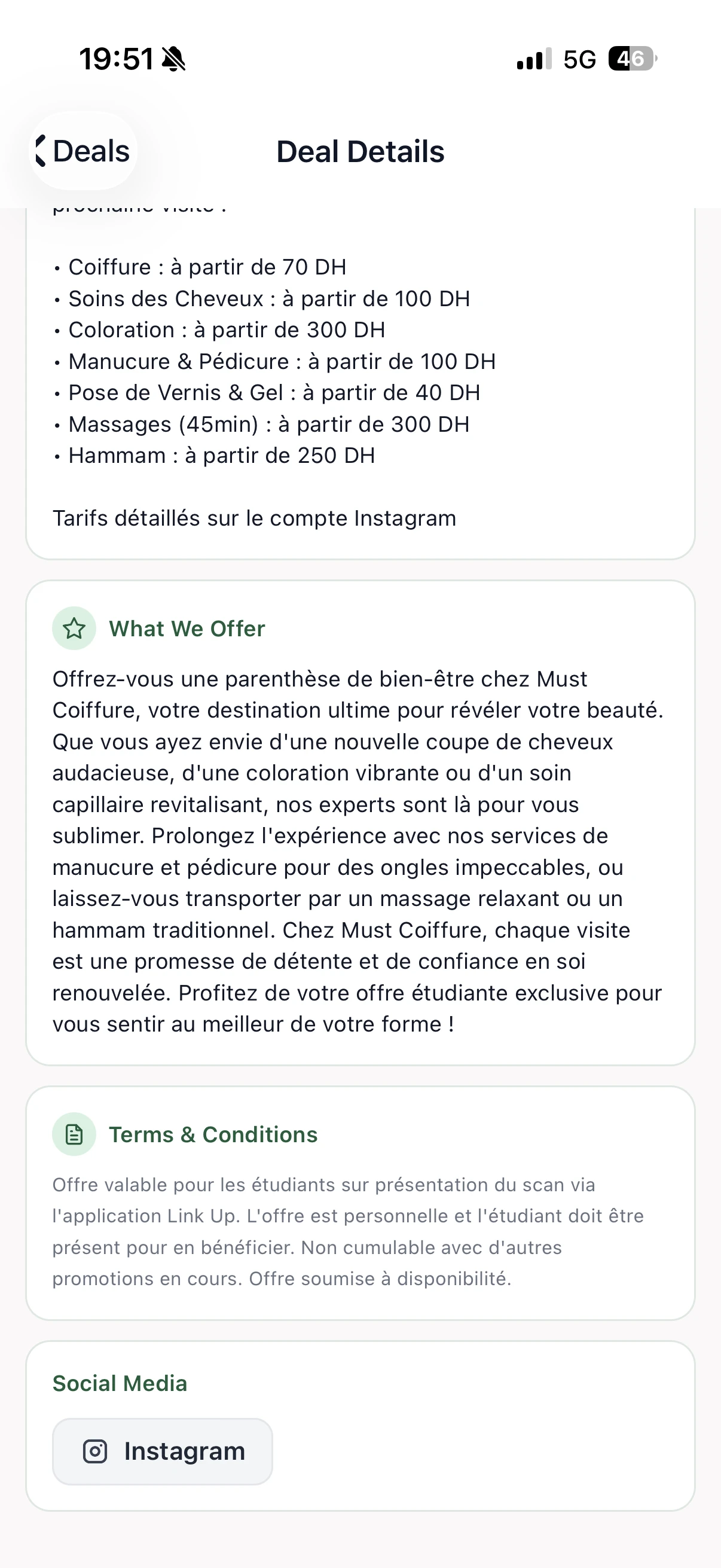 LinkUp Deal Details showing practical information and offer terms
